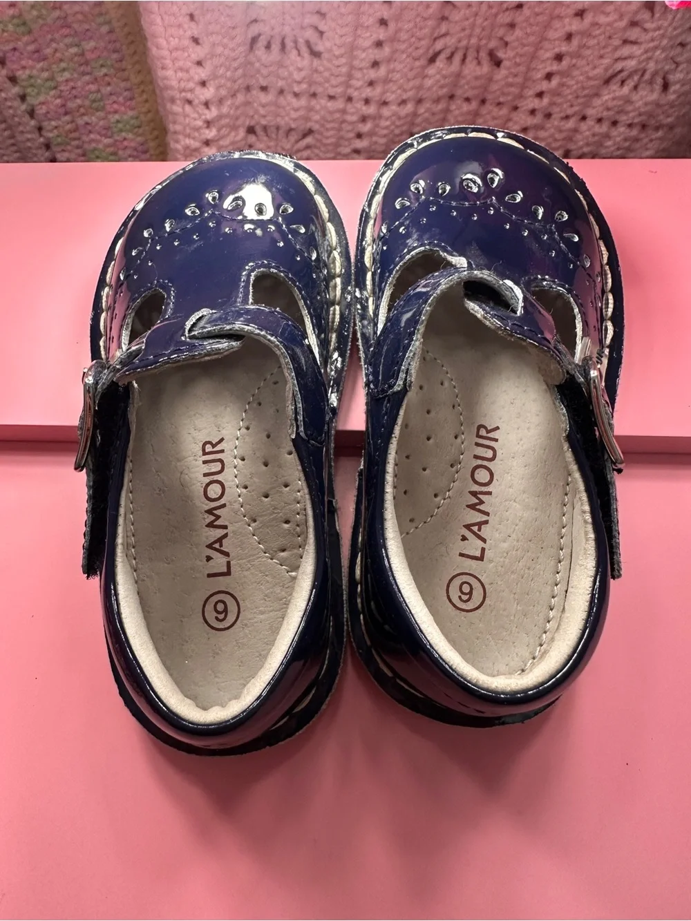 L'Amour Girls Navy Patent T-Strap Dress Shoes with Buckle